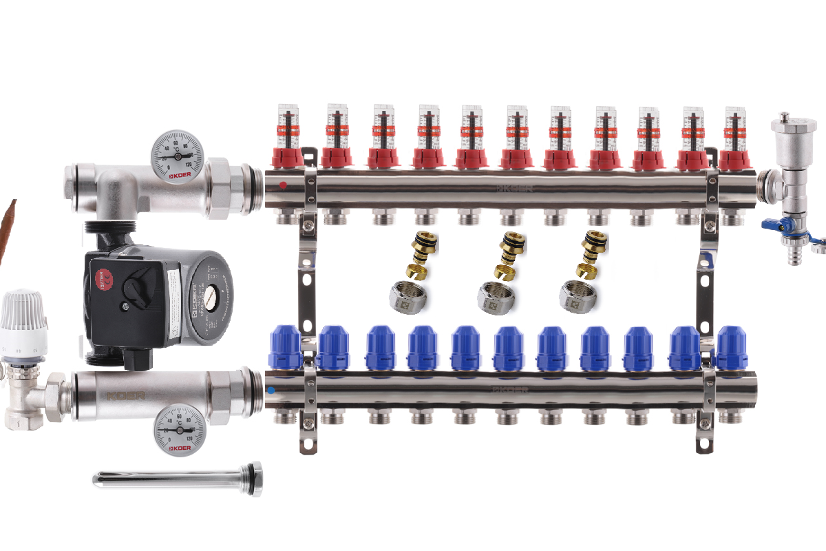 Колектор для теплої підлоги в складі на 11 контурів із насосом KOER