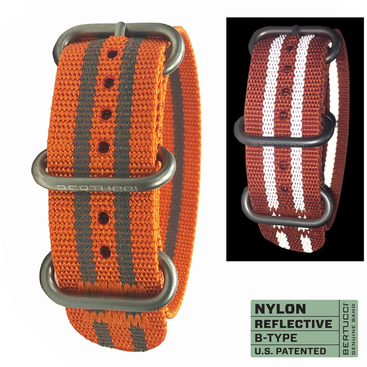 Ремінець нейлоновий світловідбивний bertucci #256 - Safety Orange with Reflective Stripes w/ matte hardware, 7/8" - 22 mm size for, фото 1