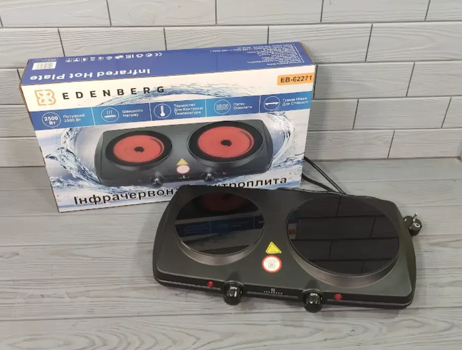 Настільна інфрачервона плита на 2 конфорки Edenberg EB-62271 / Електропліта для всіх видів, фото 1