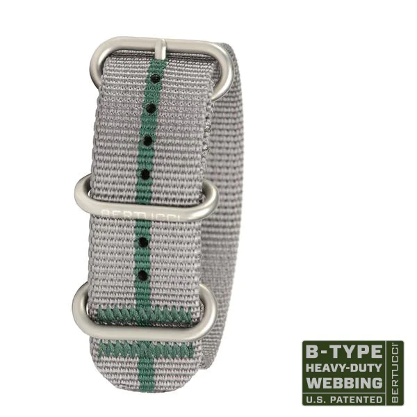 Ремінець нейлоновий bertucci #98 - Silverstone Gray & British Racing Green stripe w/ matte hardware, 7/8" - 22 mm size for A-2, A-, фото 1