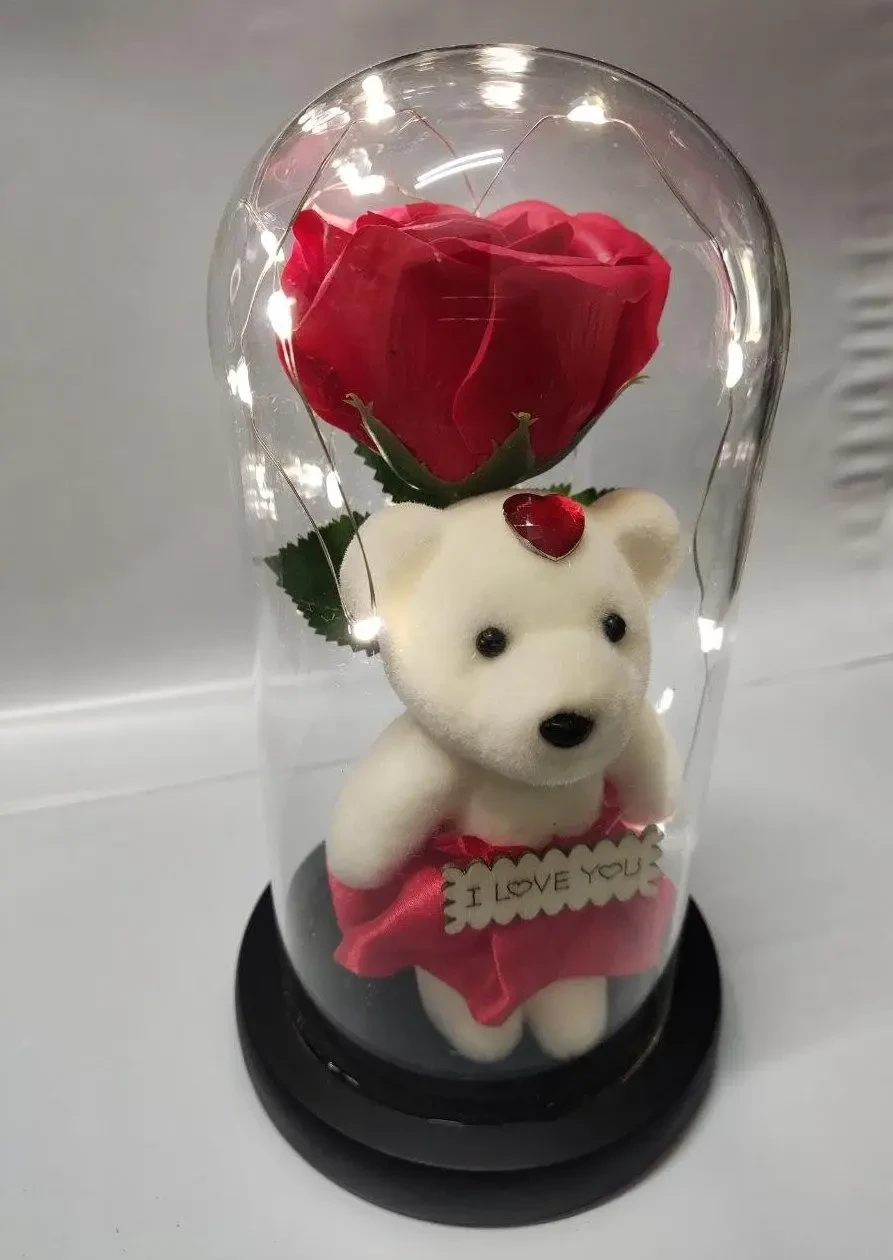 Роза в колбе с LED подсветкой и мишкой / Цветок в колбе Красная - фото 2 - id-p1673902199