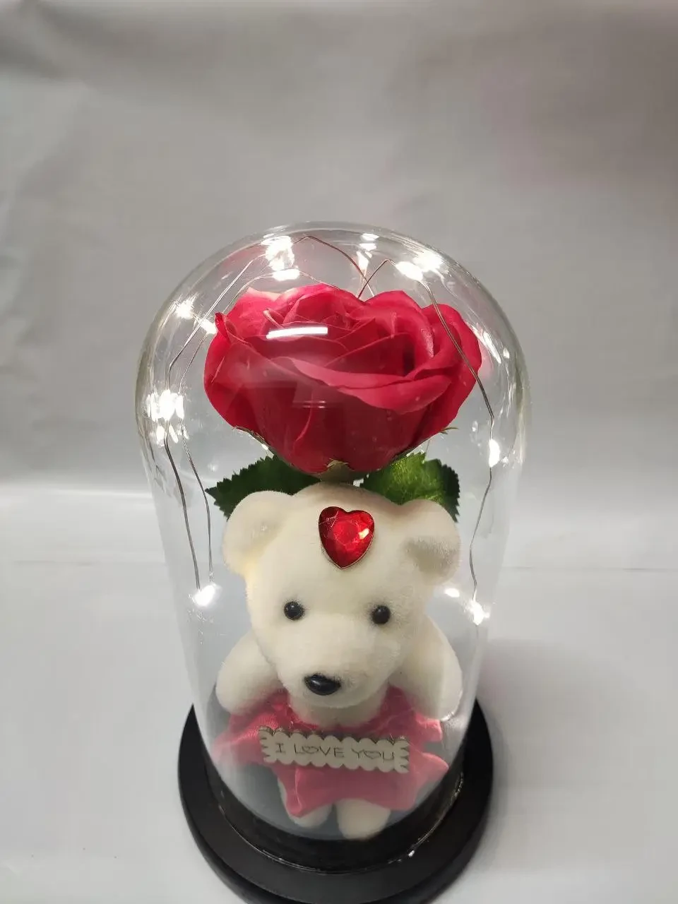 Роза в колбе с LED подсветкой и мишкой / Цветок в колбе Красная - фото 4 - id-p1673902199