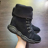 Замшевые женские ботинки сникерсы с довязом демисезонные черные на черной подошве Sneakers Тed