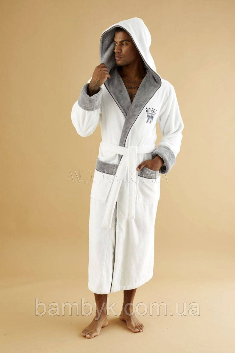Білий Чоловічий Халат Nusa 7245 З Каптуром Махровий Бамбуковий Нова Модель
