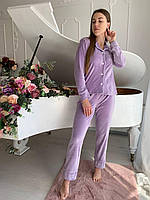 Велюровая женская пижама Пуговка фиолетовый бархатная рубашка и штаны