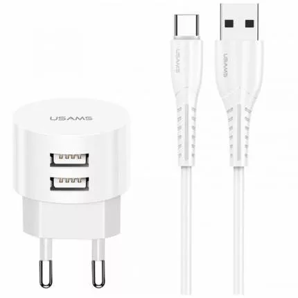 Зарядний пристрій + кабель Type-C Usams XTXLOGT18TC05 |2USB, 2.1A| Білий