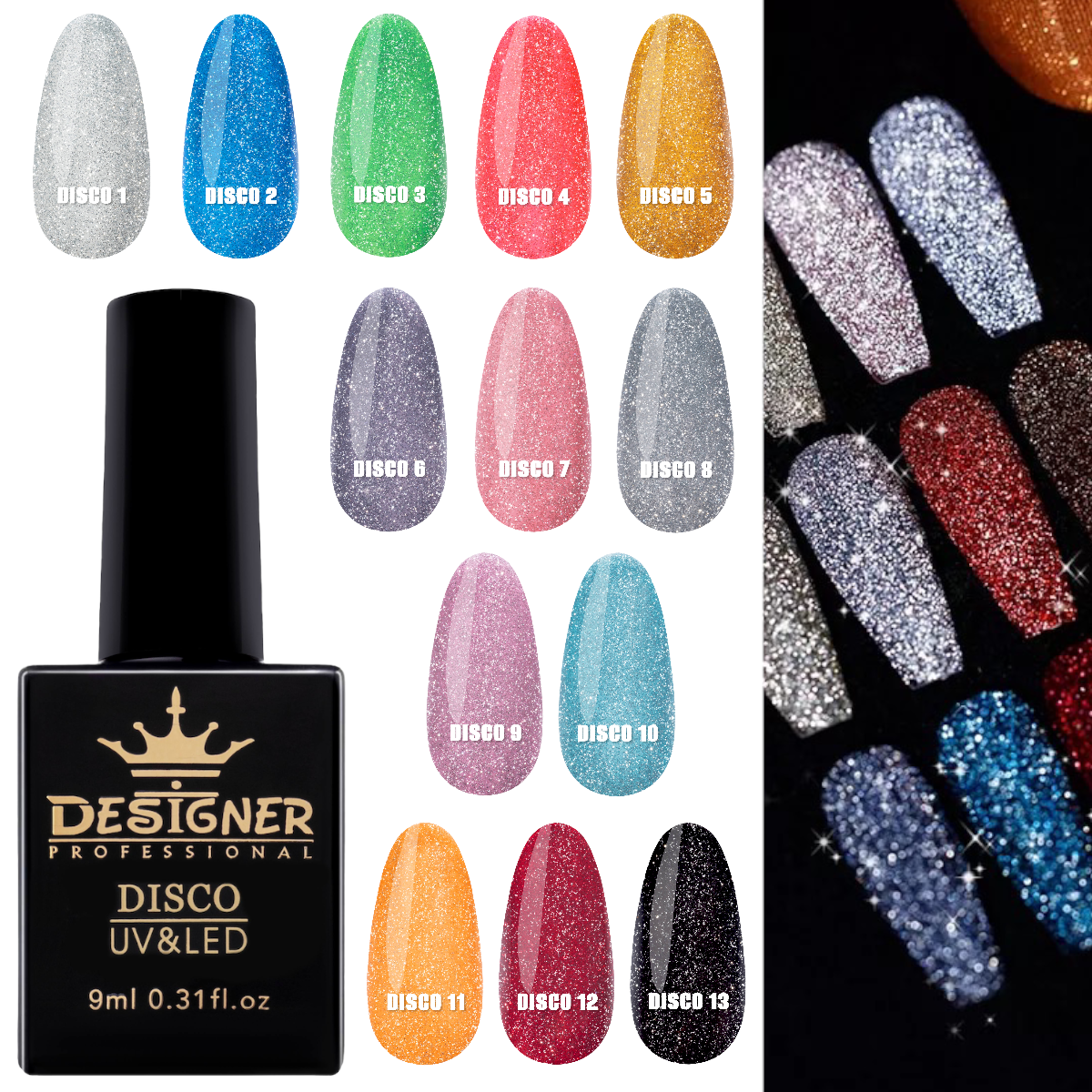 Світловідбивний гель-лак Disco Gel Polish Дизайнер для нігтів (з блискітками), 9 мл.