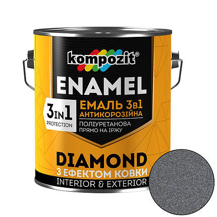 Емаль антикорозійна Kompozit DIAMOND 3 в 1 сріблястий металевий 0.65л, фото 1