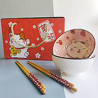 Набор керамических пиал для риса с изображением манэки-нэко (2шт)