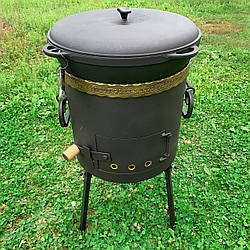 Комплект: казан чавунний 17 л "Сітон" із чавунною кришкою та пічкою з димарем (піч Ø 400 мм, 3 мм стінки)