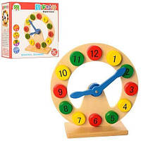 Дерев'яний годинник іграшка, розмір іграшки 21 см, цифри вкладиші, яскравий і красивий годинник