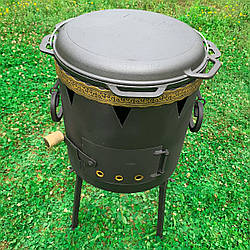 Комплект: казан чавунний 12 л Brizoll, Брізол із кришкою-гриль та пічкою без димаря (піч Ø 400 мм, 3 мм стінки)