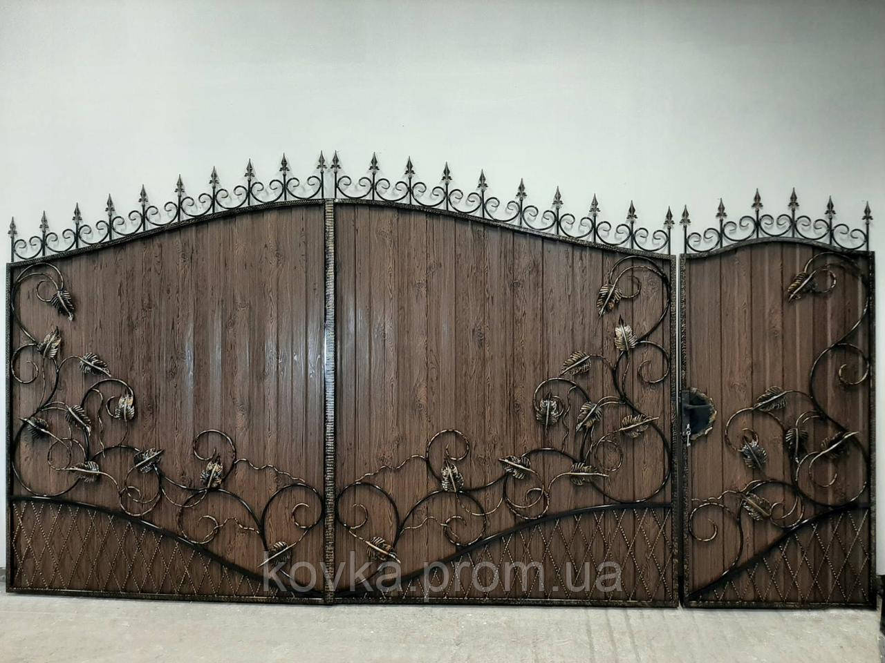 Розпашні ворота з хвірткою з профнастила, код: Р-0136-Д