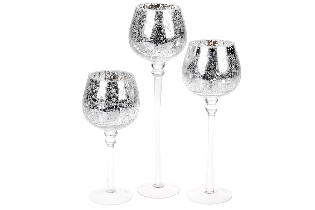 Набір (3 шт.) скляних свічників з ефектом битого скла, 20/25/30 см, колір — срібло, фото 1