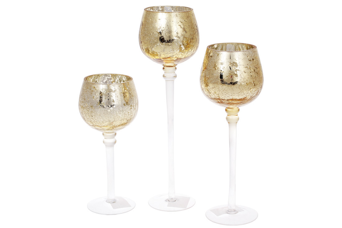 Набір (3 шт.) скляних свічників з ефектом битого скла, 20/25/30 см, колір — світле золото, фото 1