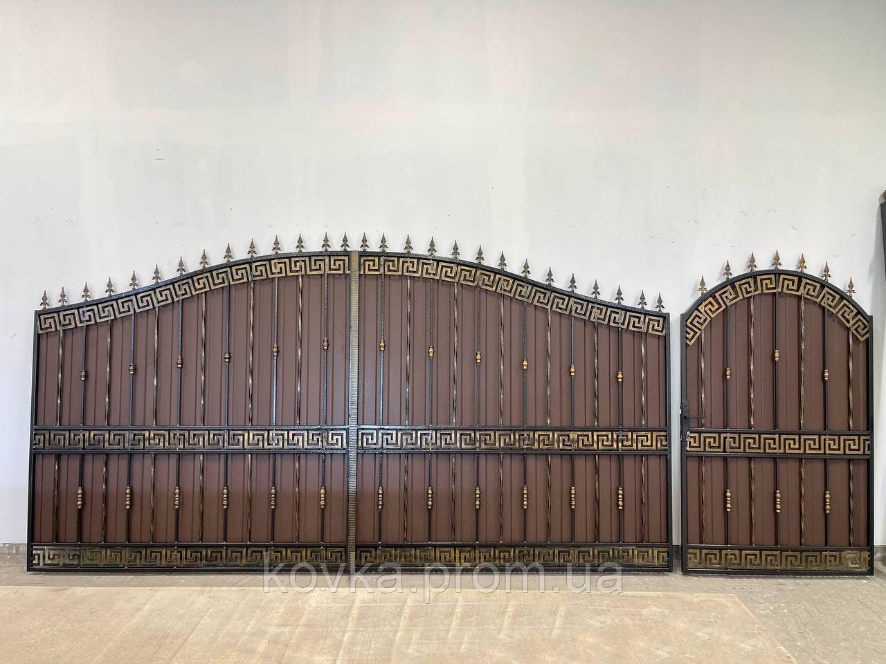 Розпашні ворота з хвірткою з профнастила, код: Р-0193-М