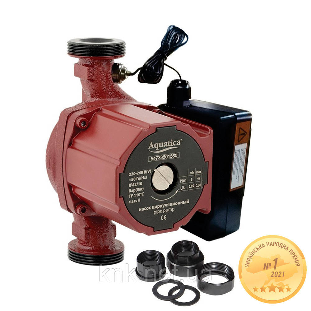 Насос циркуляційний з термодатчиком 65 Вт Hmax 4 м Qmax 63 л/хв Ø1" 130 мм + гайки Ø3⁄4" AQUATICA