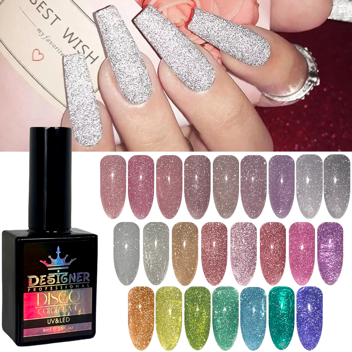 Каучукова база Disco Color Base Дизайнер для нігтів (зі світловідбиваючими частинками), 9 мл.