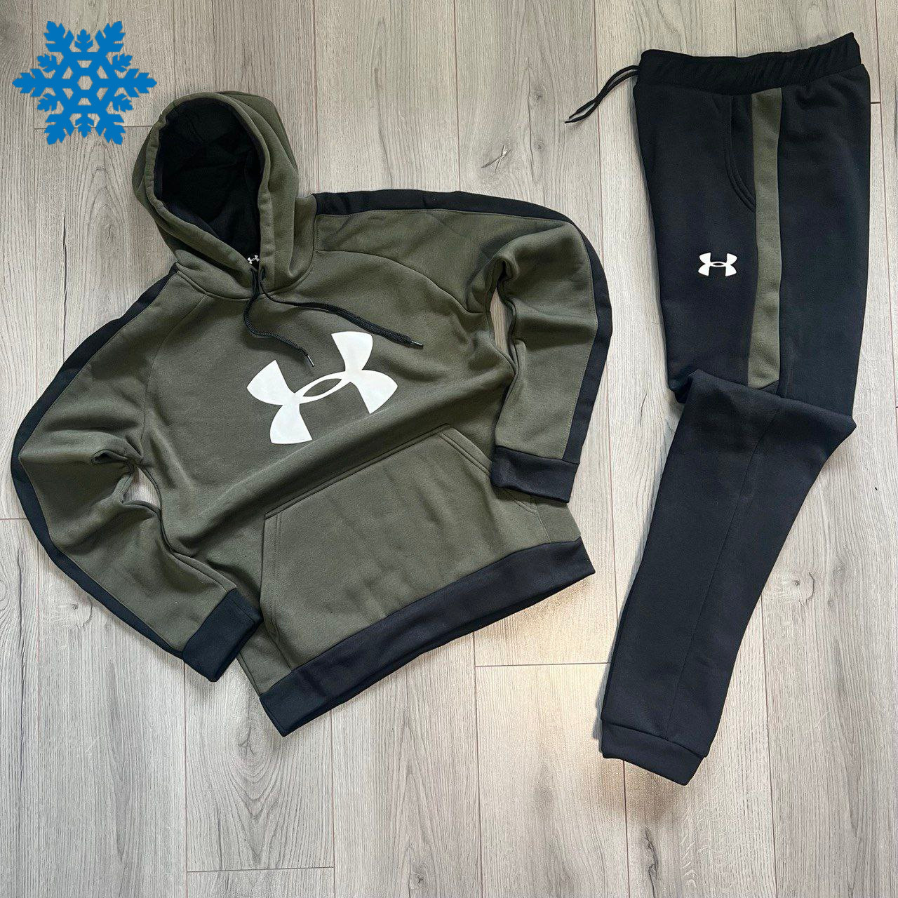 Зимовий чоловічий спортивний костюм Under Armour на флісі теплий зима-осень з капюшоном хакі Туреччина. Живе фото
