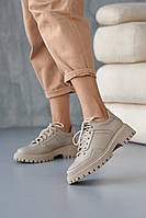 Жіночі туфлі шкіряні весняно-осінні бежеві на шнурках Розміри 36,37,38,39,40,41