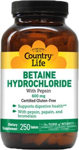 Гидрохлорид бетаина с пепсином, Country Life, 600 мг, 250 таблеток (ID ...
