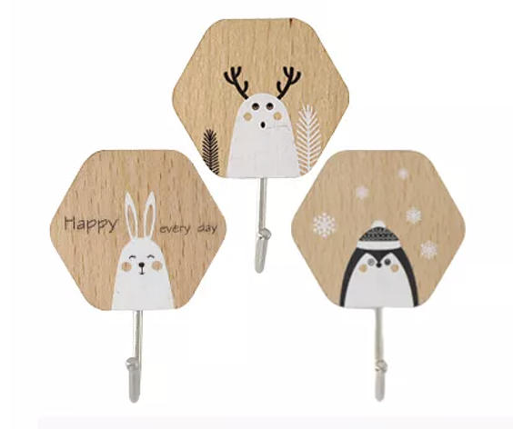 Набір з 3-х дерев'яних гачків Лось Заєць та Пінгвін, фото 1