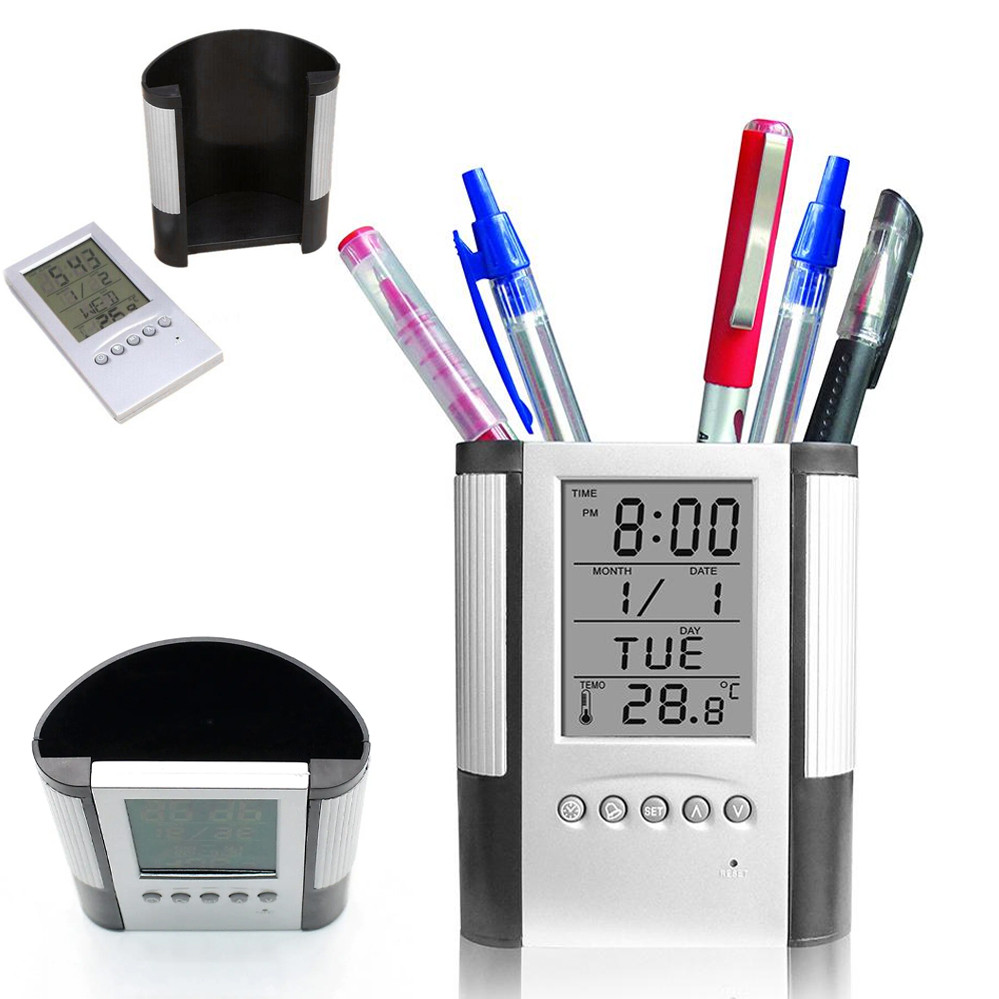 Годинник електронний настільний з підставкою під канцелярію календар чорний настільний органайзер з будильником, фото 1