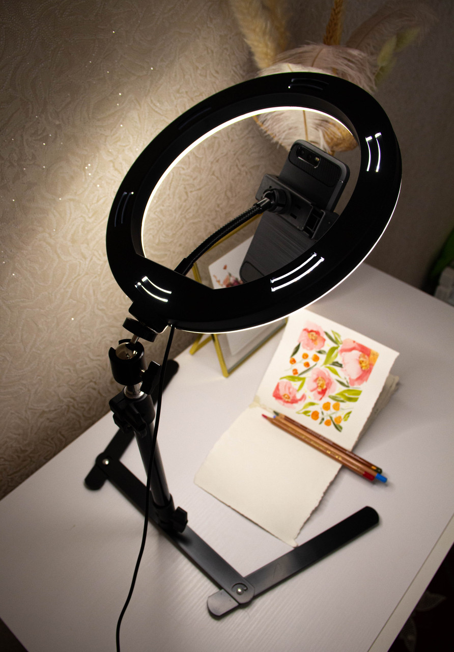 Кільцева настільна LED лампа 26 див. на штативі для предметної фото та відео зйомки