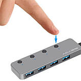 USB hub Acasis H080S на 4 порти USB 3.0 з кнопками вимикання (Сріблястий), фото 3