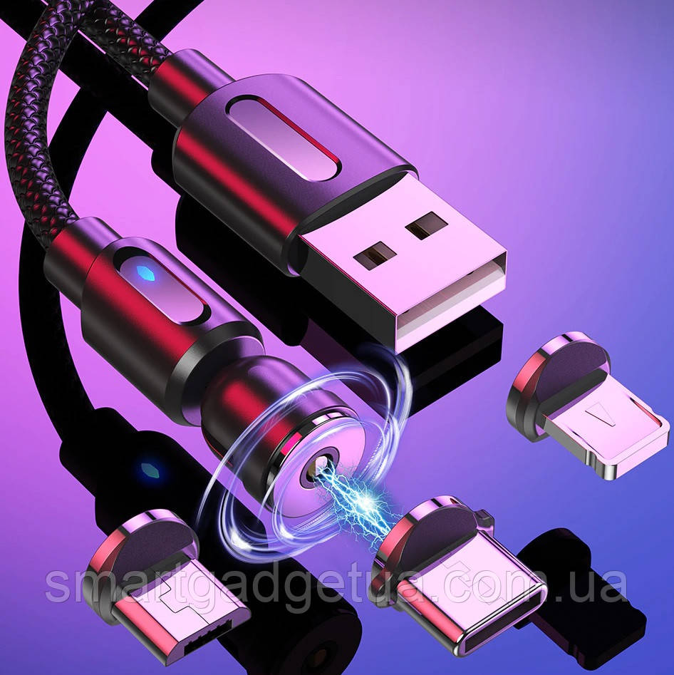 Посилений Магнітний кабель 2 метри Чорний, 3 в 1 (Lightning (iPhone), micro USB, T-C) 540 ° для заряджання, 2.4A, фото 1