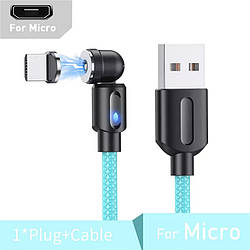 Посилений Магнітний кабель Micro USB для заряджання 360° + 180° Блакитний 1метр, 2.4A