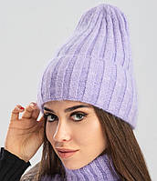 Зимняя женская шапка «Илона» из нежной и мягонькой шерсти кролика цвета фиалка.