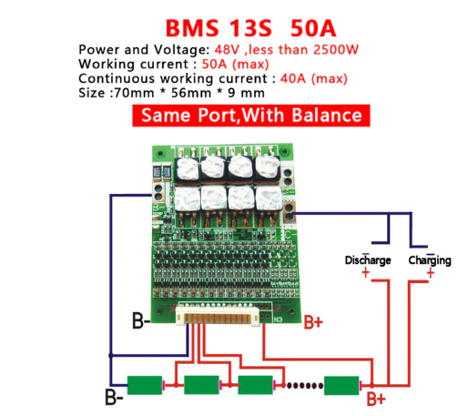 Плата защиты BMS 13S 50-60A 48V + термореле Li-ion 18650 (Контроллер заряда/разряда), фото 1