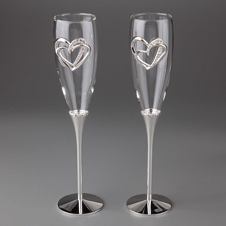 Свадебные подарочные бокалы на металлической ножке Два Сердца 26 см в наборе 2 шт 1005G - фото 1 - id-p1116793749