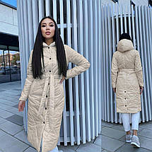 Пальто жіноче з плащівки Лаке на кнопках з капюшоном довге розмір норма, фото 2