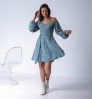 Молодежное платье голубого цвета в белый горошек, размеры 46, 48, 50