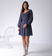 Платье молодежное миди синего цвета в белый горошек из софтовой ткани, размеры 46, 48, 50