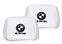 Чехол подголовника с логотипом BMW белый, черный логотип (2 шт.)