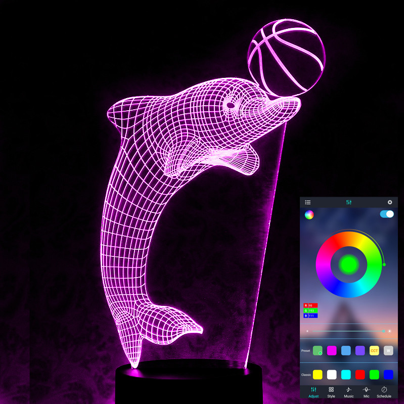 Акриловий світильник-нічник керування з телефона Дельфін з м'чем tty-n000981