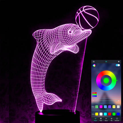 Акриловий світильник-нічник керування з телефона Дельфін з м'чем tty-n000981, фото 1