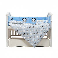 Постельное белье в кроватку 7 элементов Коса, бортики, одеяло, подушка ,простынь на резинке, Панда голубой