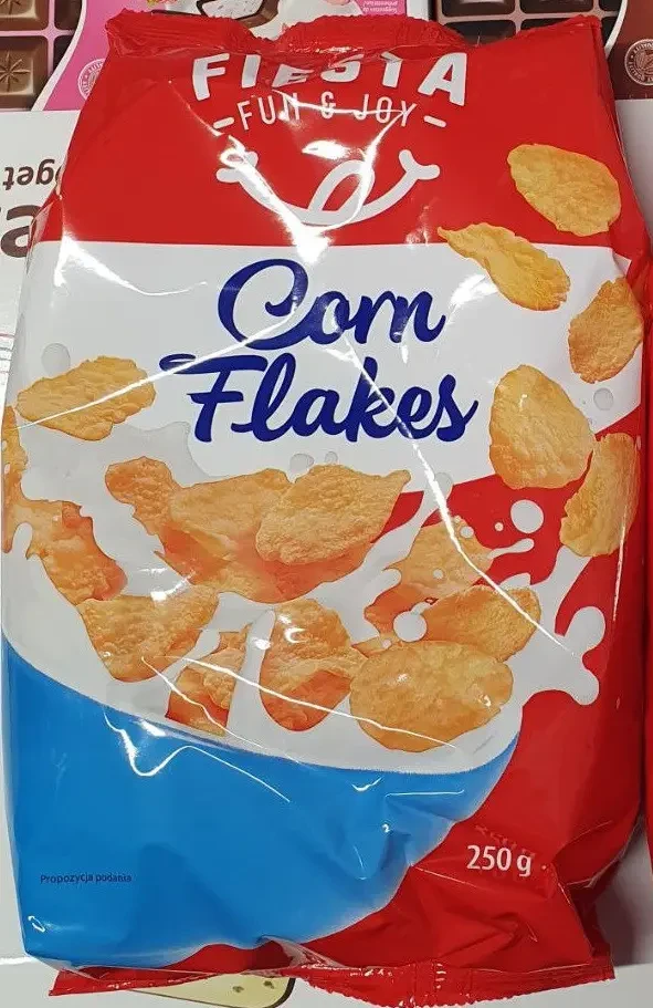 Кукурудзяні пластівці Fiesta Corn Flakes, 250 г, Польща, швидкого приготування з вітамінами та залізом
