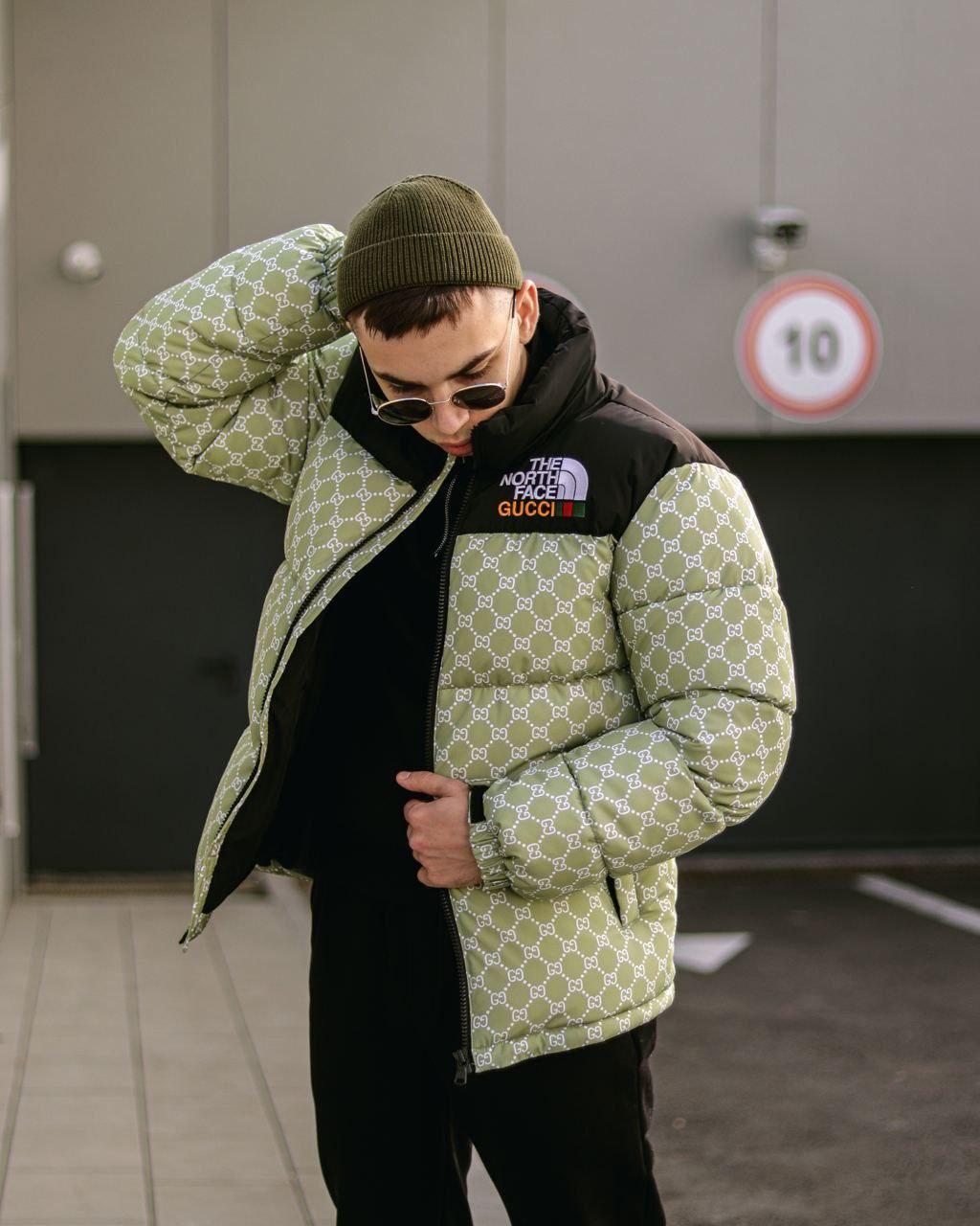 Чоловіча жіноча зимова куртка The North Face х Gucci пуховік оверсайз до -30*З ТНФ унісекс чорна з зеленим