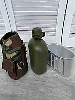 Фляга военная походная с котелком и чехлом мультикам Армейская фляга для воды 1 литр (DB-11932)