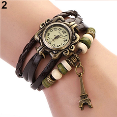 Жіночий годинник зі шкірозамінником під старовину з брелоком ейфелева вежа, купити годинник браслет жіночий (коричневі)