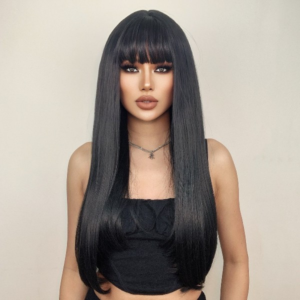 Перука чорна з чубчиком довга пряма термоперука, фото 1