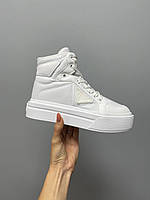 Женские кроссовки Prada Re-Nylon Brushed Sneakers High White Not Lux (белые) повседневные кеды L0667 топ