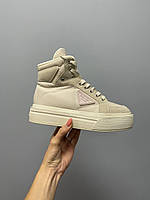 Женские кроссовки Prada Re-Nylon Brushed Sneakers High Beige Not Lux (бежевые) повседневные кеды L0668 топ 37