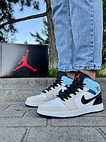Мужские кроссовки Nike Air Jordan 1 (кремовые с голубым/белым/чёрным) высокие цветные кроссы A0919-17 топ 42