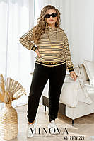 Стильный свитер бежевого цвета из трикотажа с декоративными резинками в принт, больших размеров от 50 до 64